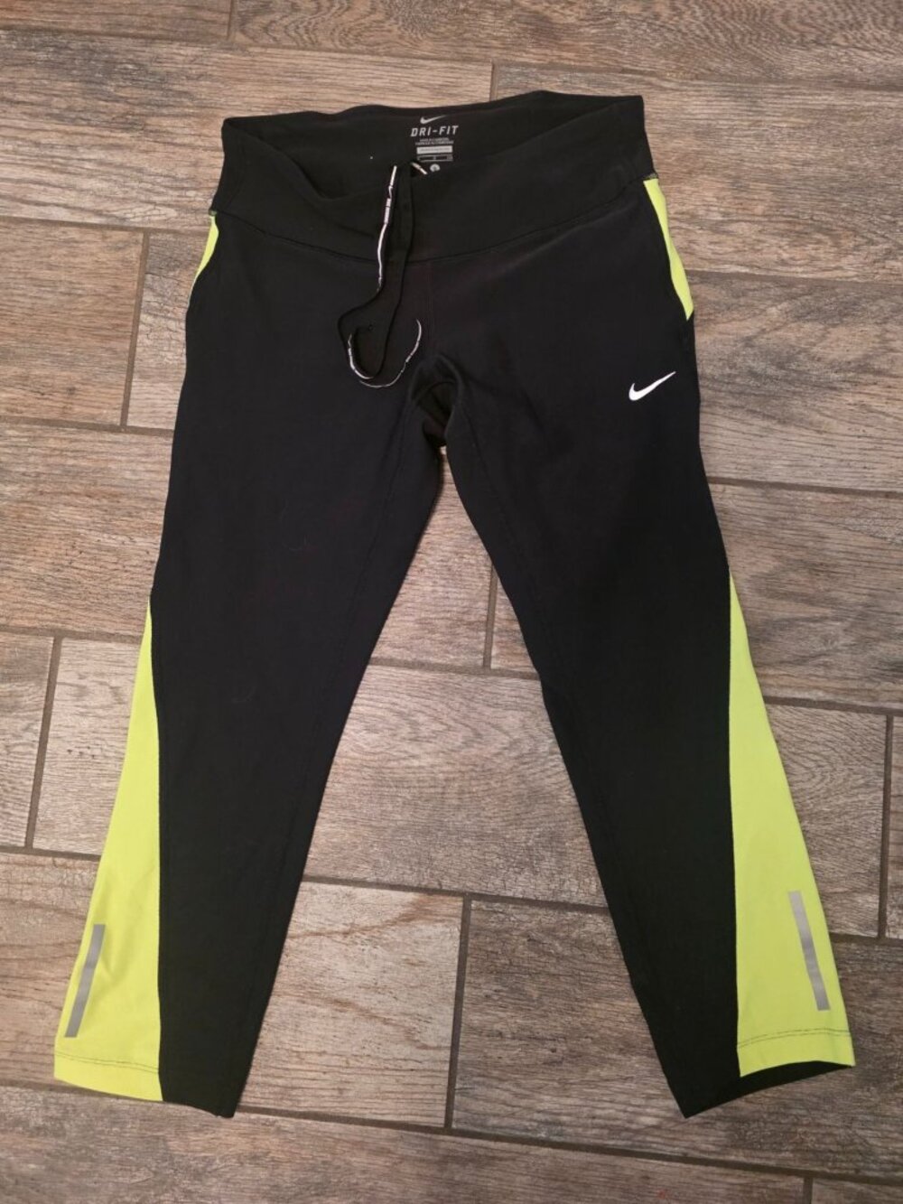 Nike Running Ladies Black neon Green Yellow Cropped Leggings S GUC
